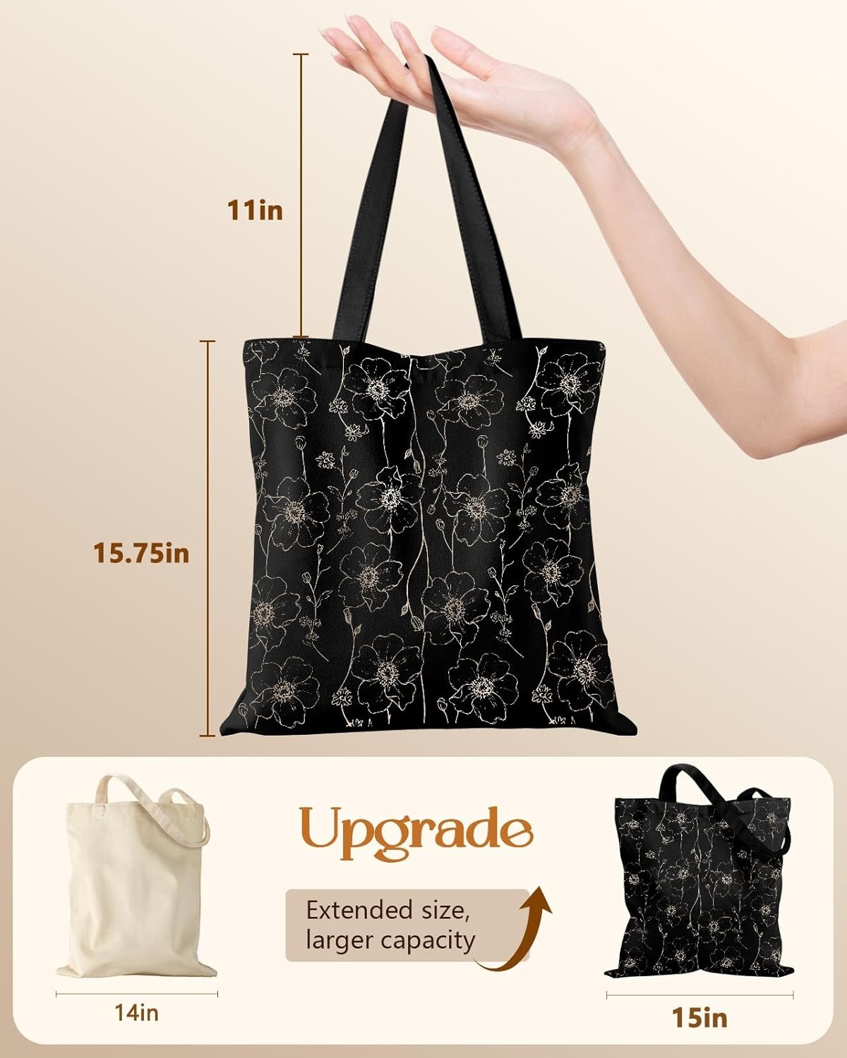 image:imageMiss Adola Canvas Tote Bag with Pockets Aesthetic Reusable Totes for Women Ladies Cute Printed Cloths Canvas Shoulder BagGold Flowers