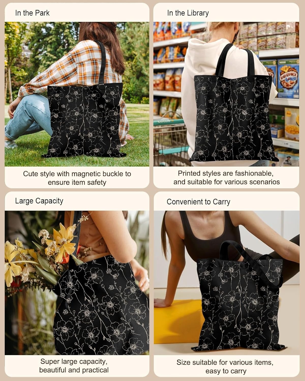 image:imageMiss Adola Canvas Tote Bag with Pockets Aesthetic Reusable Totes for Women Ladies Cute Printed Cloths Canvas Shoulder BagGold Flowers