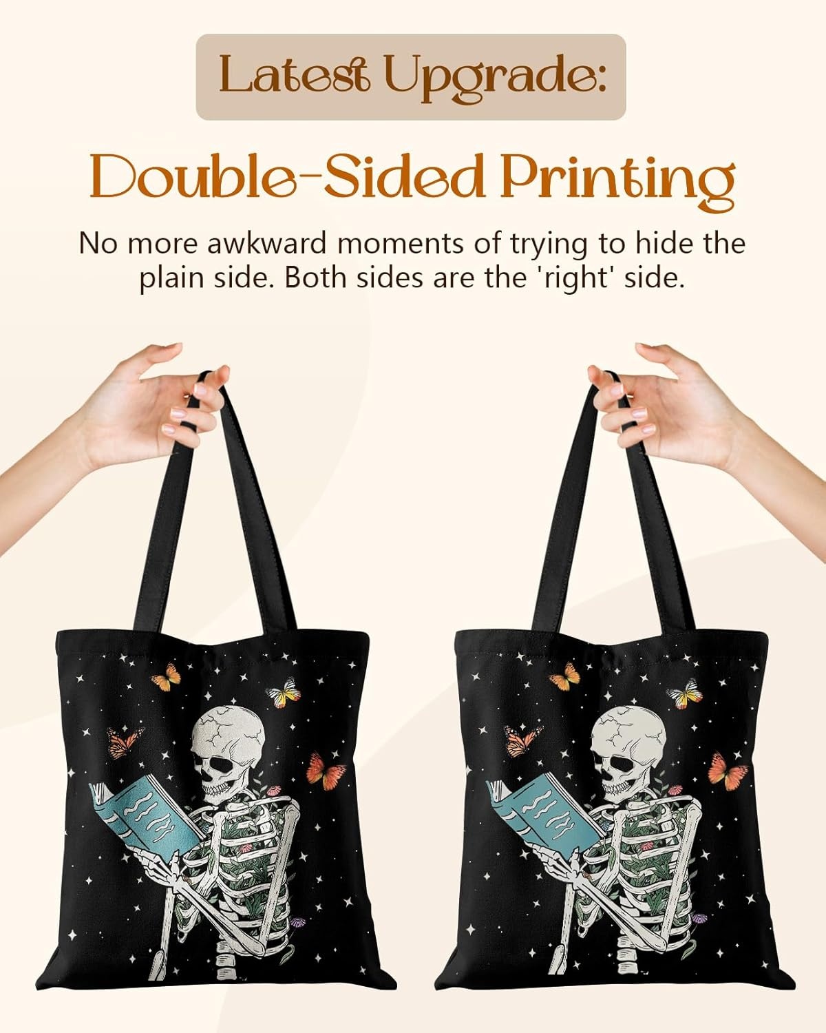 image:imageMiss Adola Canvas Tote Bag with Pockets Aesthetic Reusable Totes for Women Ladies Cute Printed Cloths Canvas Shoulder BagSkull Book