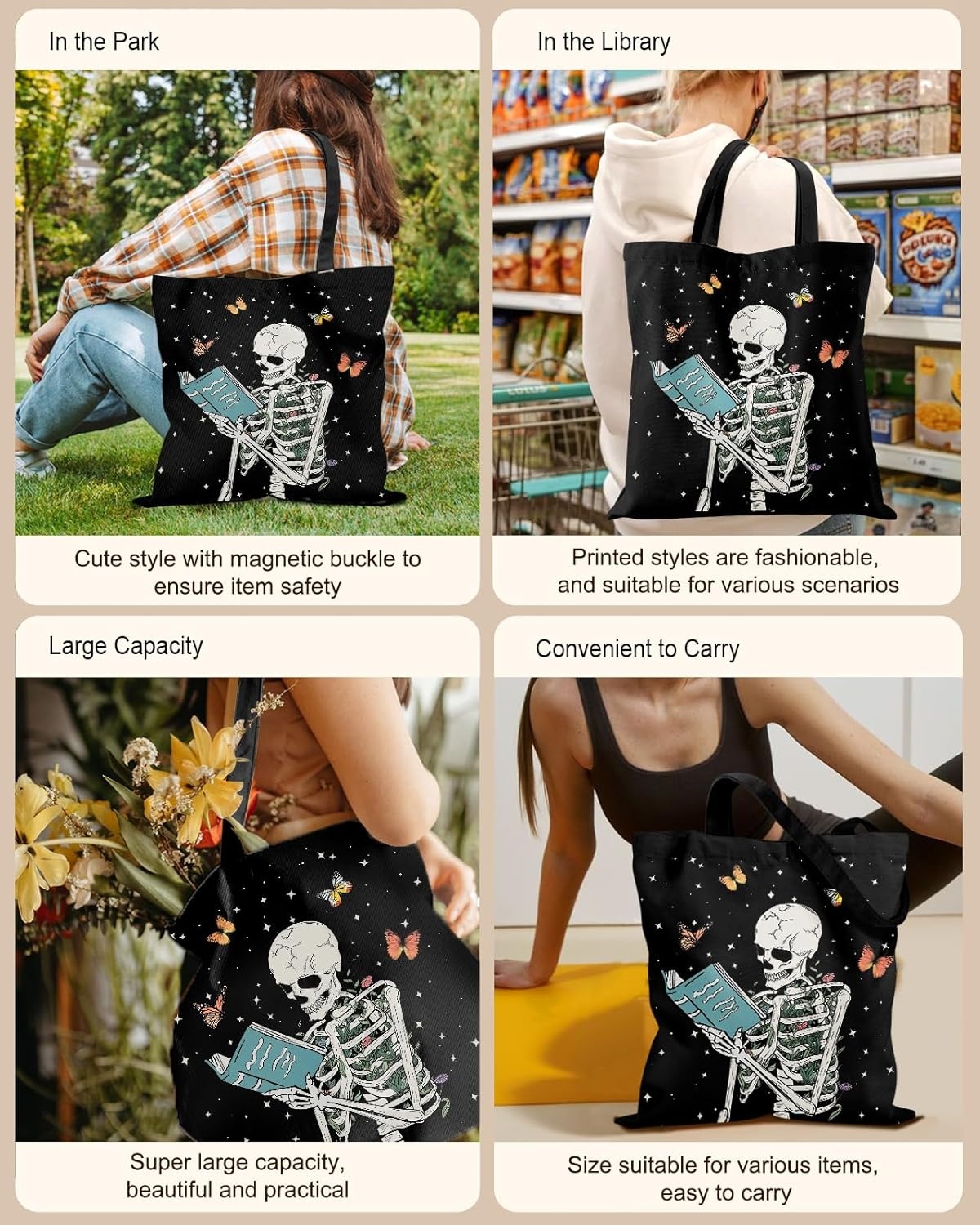 image:imageMiss Adola Canvas Tote Bag with Pockets Aesthetic Reusable Totes for Women Ladies Cute Printed Cloths Canvas Shoulder BagSkull Book