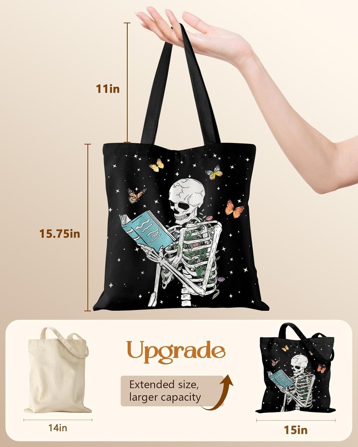 image:imageMiss Adola Canvas Tote Bag with Pockets Aesthetic Reusable Totes for Women Ladies Cute Printed Cloths Canvas Shoulder BagSkull Book
