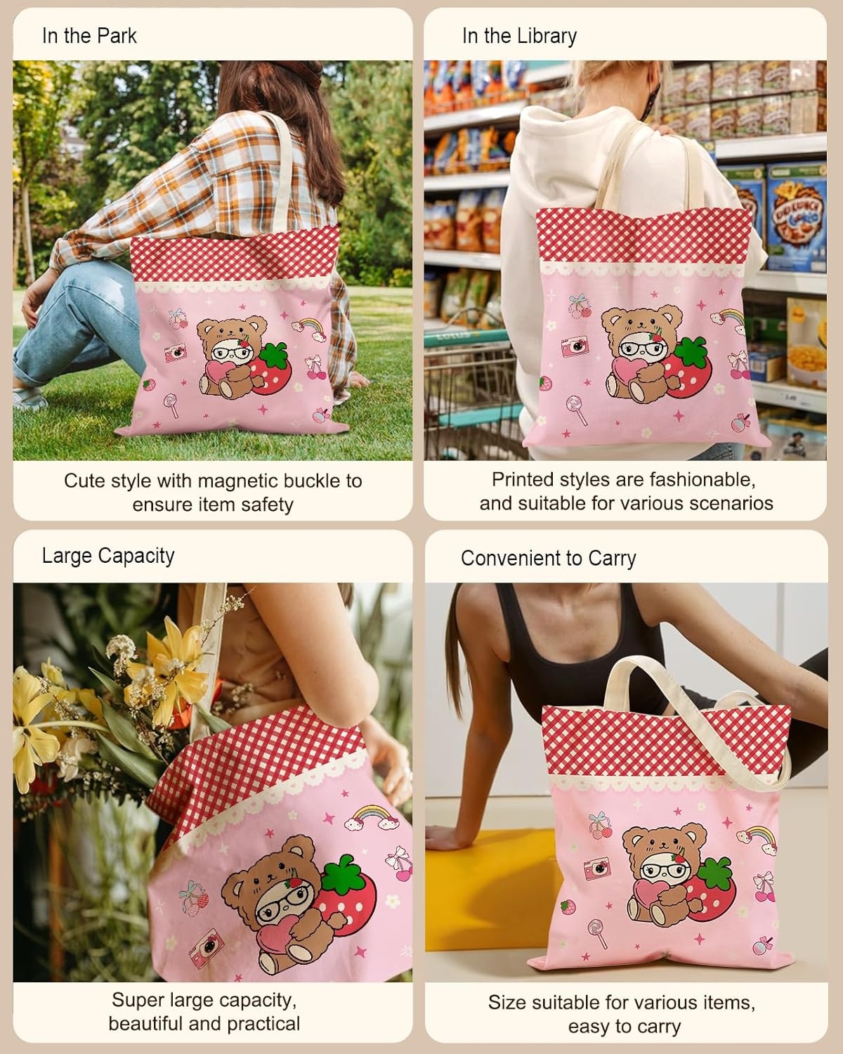 image:imageMiss Adola Cute Canvas Tote Bag for Women with Magnetic Buckle and Zipper Inner Pocket for Girls Aesthetic Cotton Tote BagsBear Jacket