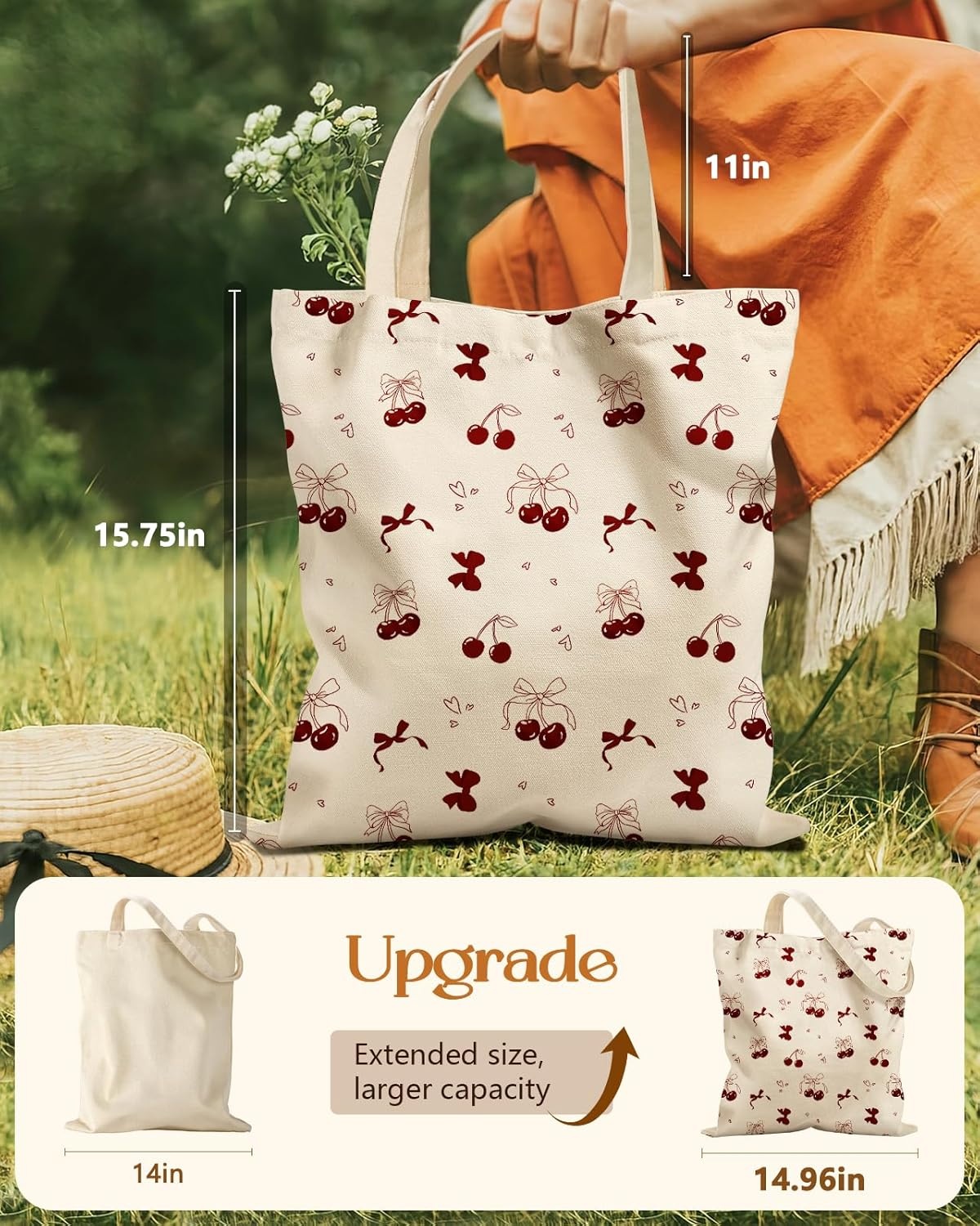 image:imageMiss Adola Cute Canvas Tote Bag for Women with Magnetic Buckle and Zipper Inner Pocket for Girls Aesthetic Cotton Tote BagsBownot Cherry