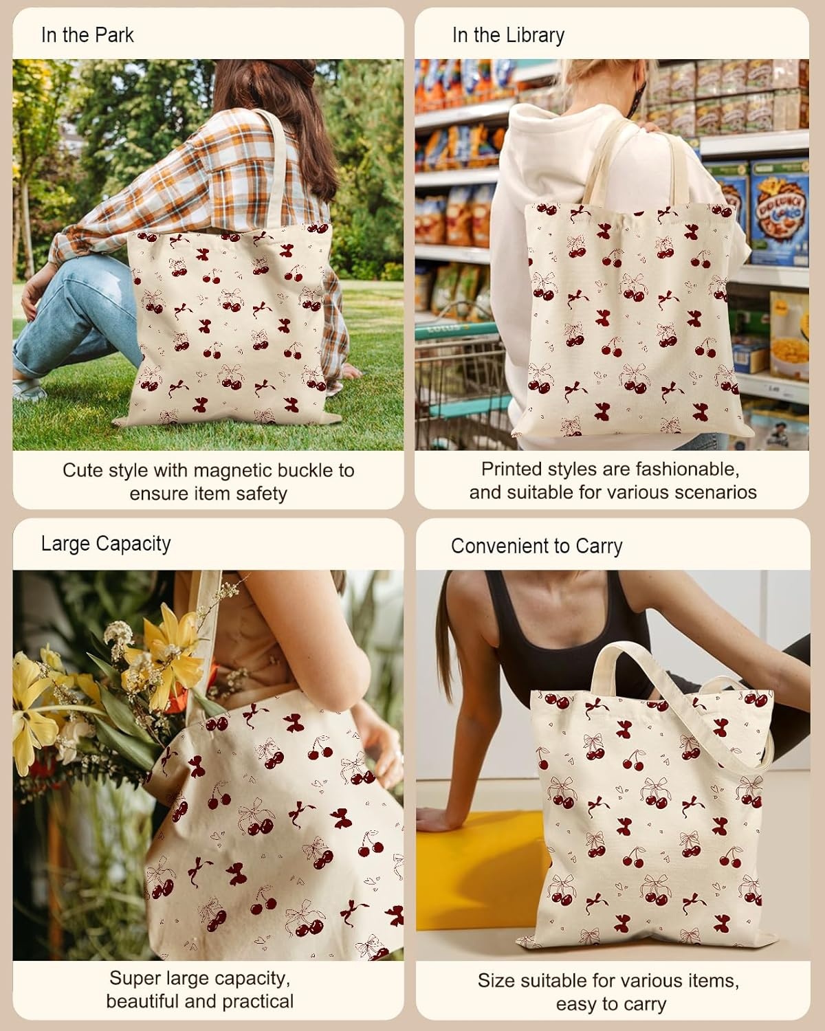image:imageMiss Adola Cute Canvas Tote Bag for Women with Magnetic Buckle and Zipper Inner Pocket for Girls Aesthetic Cotton Tote BagsBownot Cherry