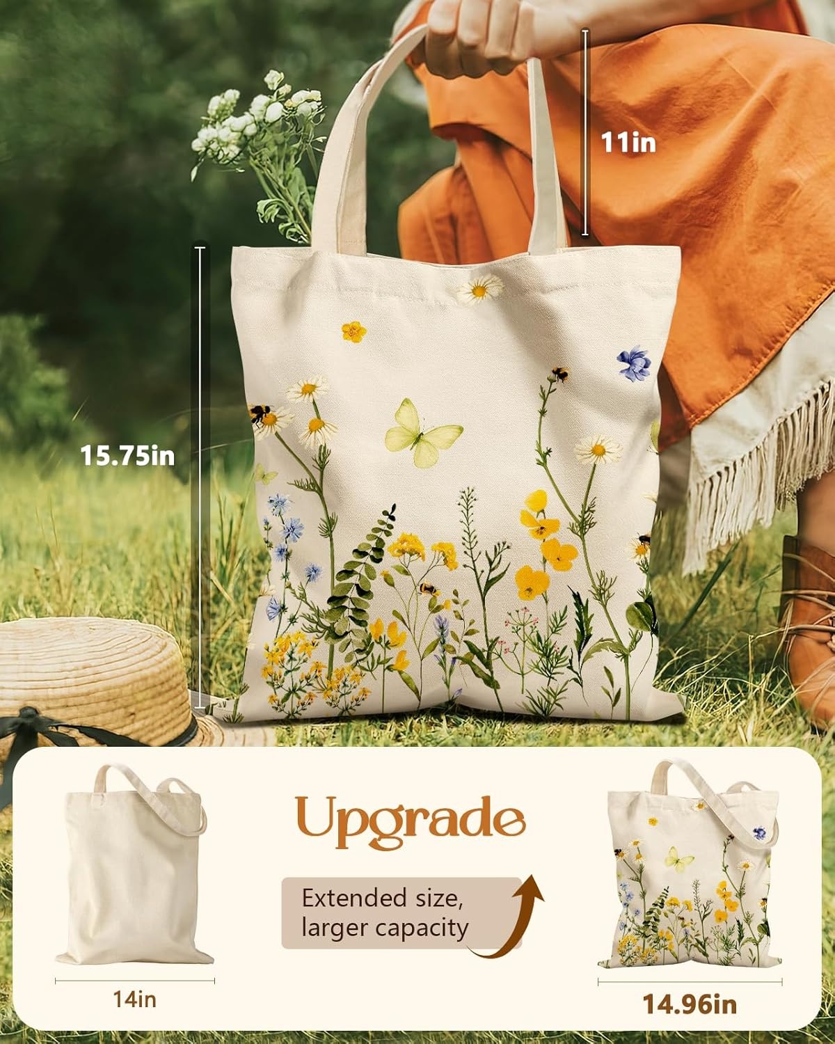 image:imageMiss Adola Cute Canvas Tote Bag for Women with Magnetic Buckle and Zipper Inner Pocket for Girls Aesthetic Cotton Tote BagsButterfly Yellow Flower