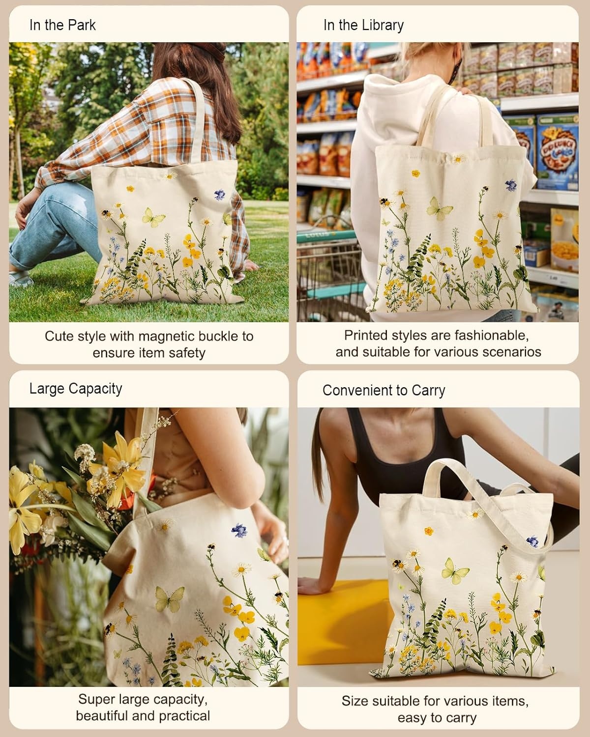 image:imageMiss Adola Cute Canvas Tote Bag for Women with Magnetic Buckle and Zipper Inner Pocket for Girls Aesthetic Cotton Tote BagsButterfly Yellow Flower