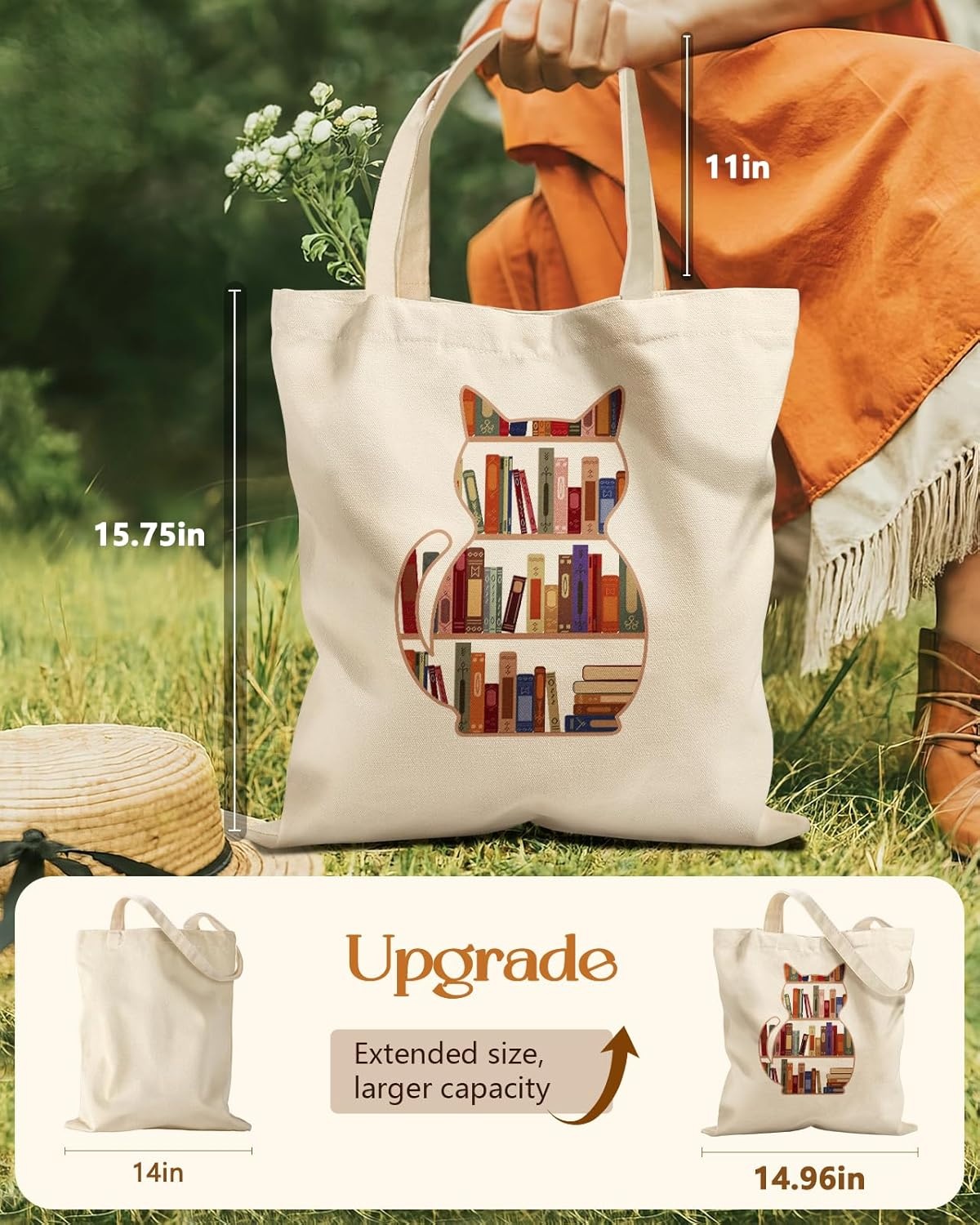 image:imageMiss Adola Cute Canvas Tote Bag for Women with Magnetic Buckle and Zipper Inner Pocket for Girls Aesthetic Cotton Tote BagsCat Bookshelf