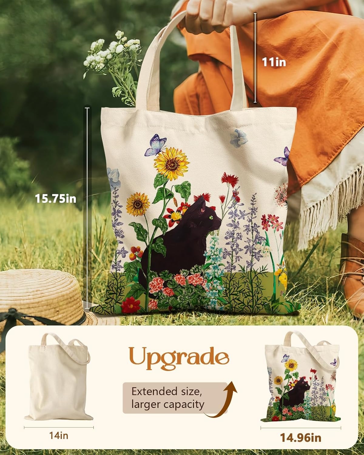image:imageMiss Adola Cute Canvas Tote Bag for Women with Magnetic Buckle and Zipper Inner Pocket for Girls Aesthetic Cotton Tote BagsCat Flower