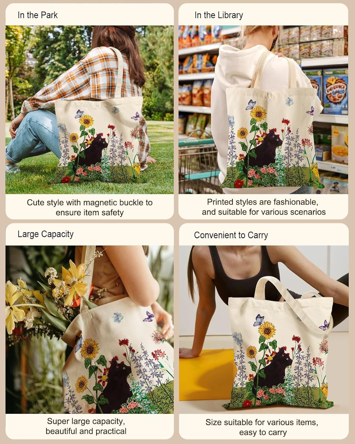 image:imageMiss Adola Cute Canvas Tote Bag for Women with Magnetic Buckle and Zipper Inner Pocket for Girls Aesthetic Cotton Tote BagsCat Flower