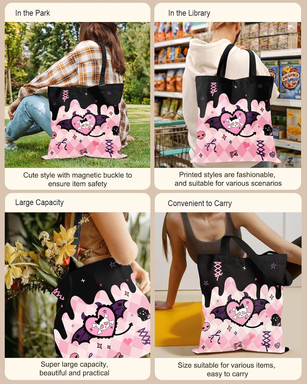 image:imageMiss Adola Cute Canvas Tote Bag for Women with Magnetic Buckle and Zipper Inner Pocket for Girls Aesthetic Cotton Tote BagsHeart Skull