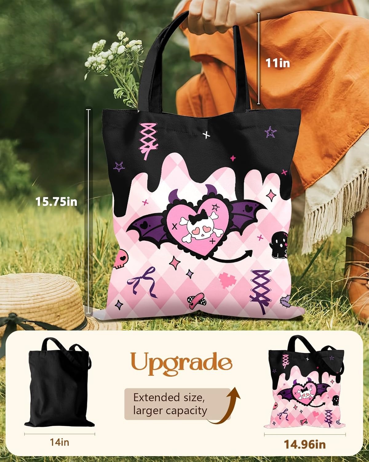 image:imageMiss Adola Cute Canvas Tote Bag for Women with Magnetic Buckle and Zipper Inner Pocket for Girls Aesthetic Cotton Tote BagsHeart Skull