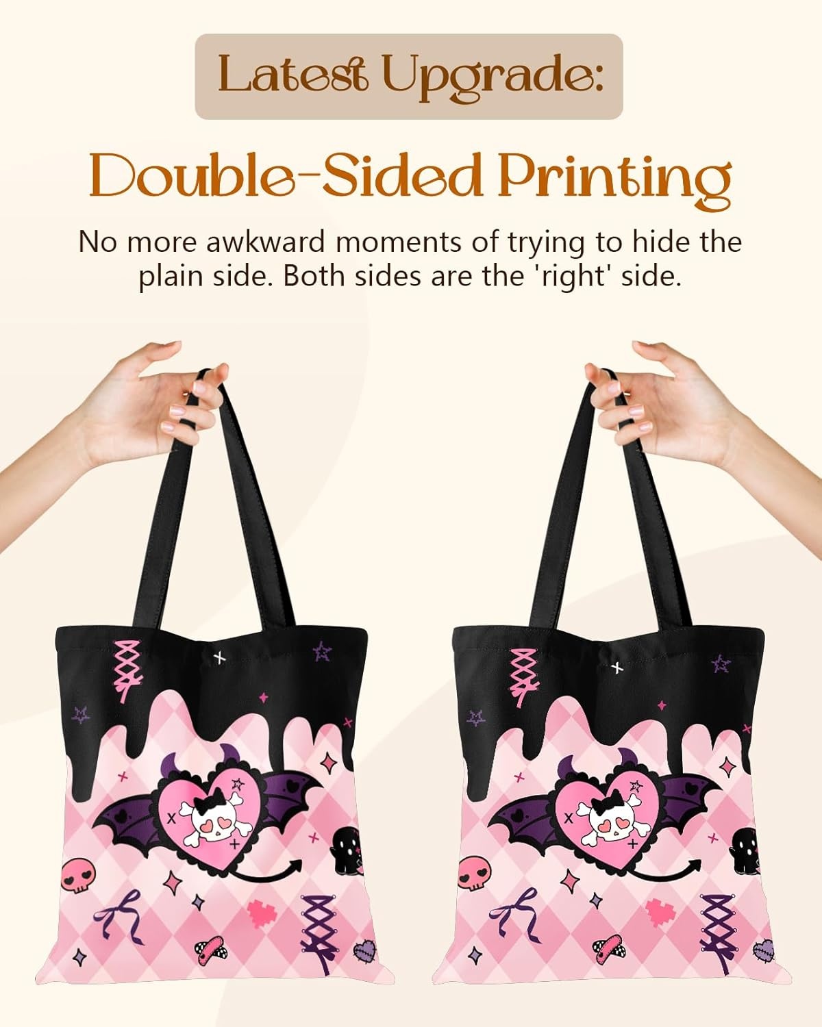 image:imageMiss Adola Cute Canvas Tote Bag for Women with Magnetic Buckle and Zipper Inner Pocket for Girls Aesthetic Cotton Tote BagsHeart Skull