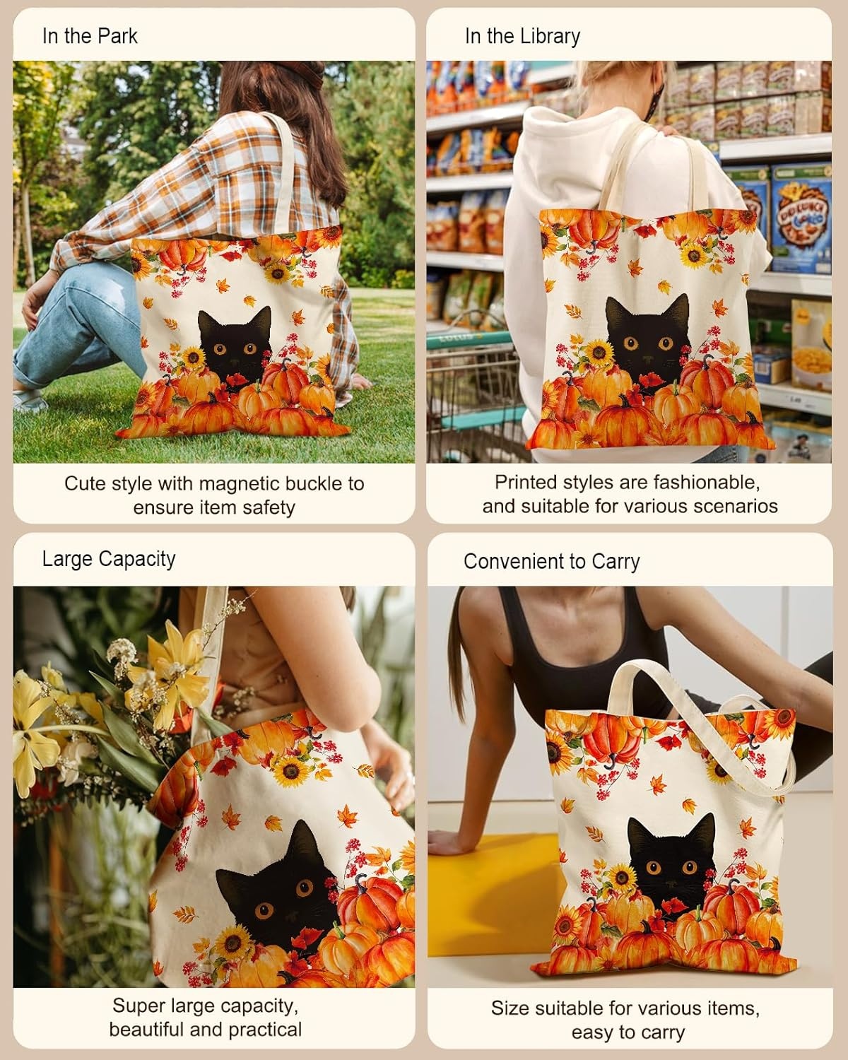 image:imageMiss Adola Cute Canvas Tote Bag for Women with Magnetic Buckle and Zipper Inner Pocket for Girls Aesthetic Cotton Tote BagsPumpkin Cat