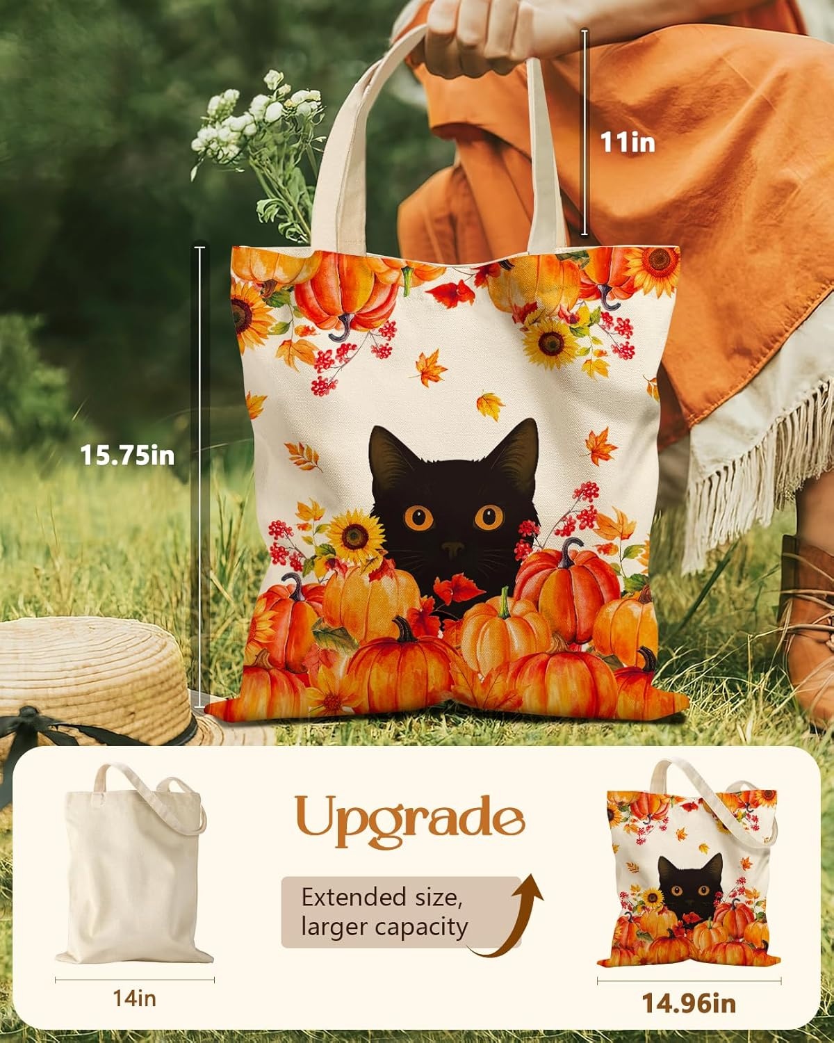 image:imageMiss Adola Cute Canvas Tote Bag for Women with Magnetic Buckle and Zipper Inner Pocket for Girls Aesthetic Cotton Tote BagsPumpkin Cat