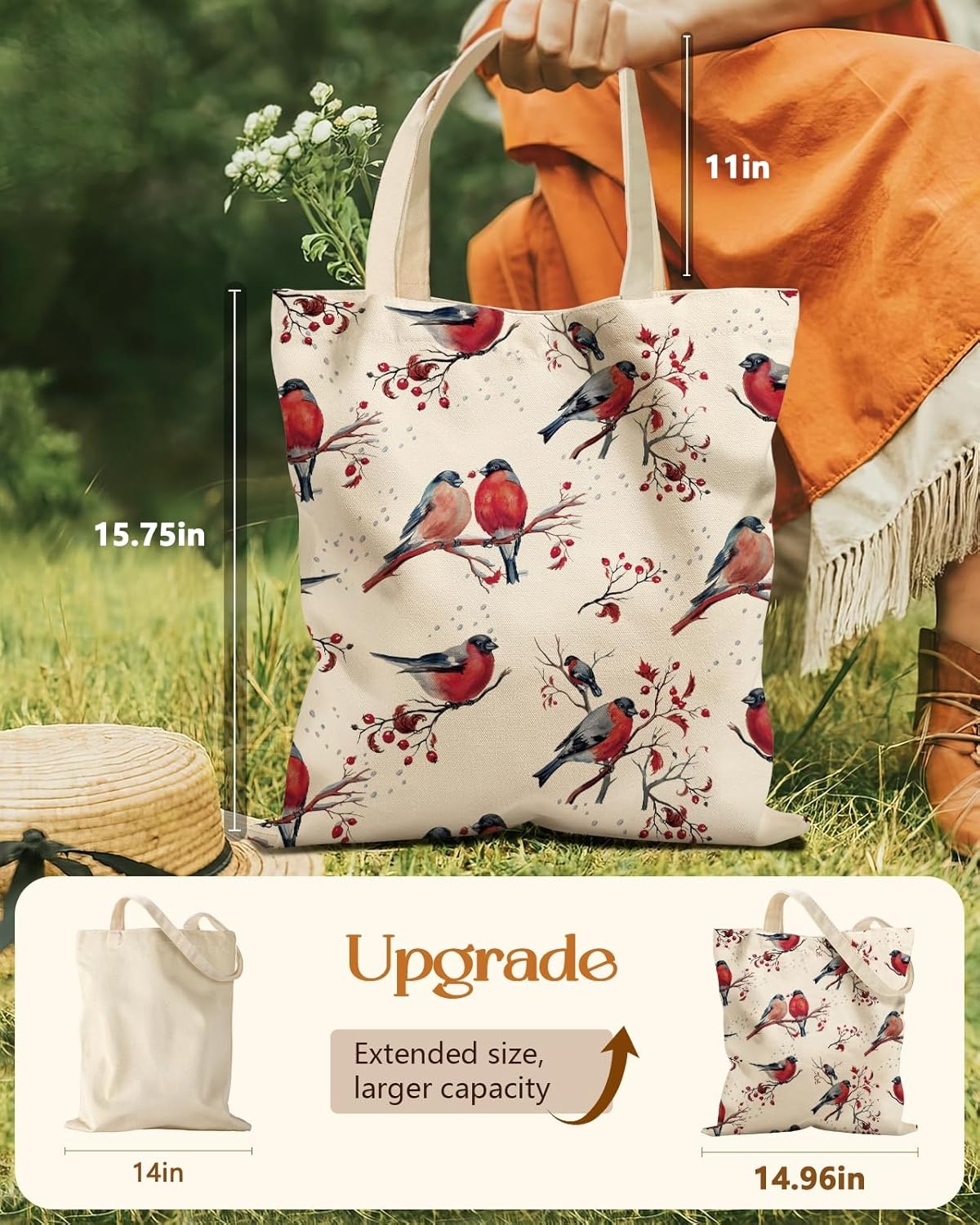 image:imageMiss Adola Cute Canvas Tote Bag for Women with Magnetic Buckle and Zipper Inner Pocket for Girls Aesthetic Cotton Tote BagsRed Bird