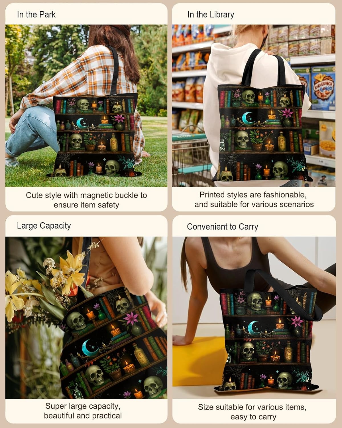 image:imageMiss Adola Cute Canvas Tote Bag for Women with Magnetic Buckle and Zipper Inner Pocket for Girls Aesthetic Cotton Tote BagsSkull Bookshelf