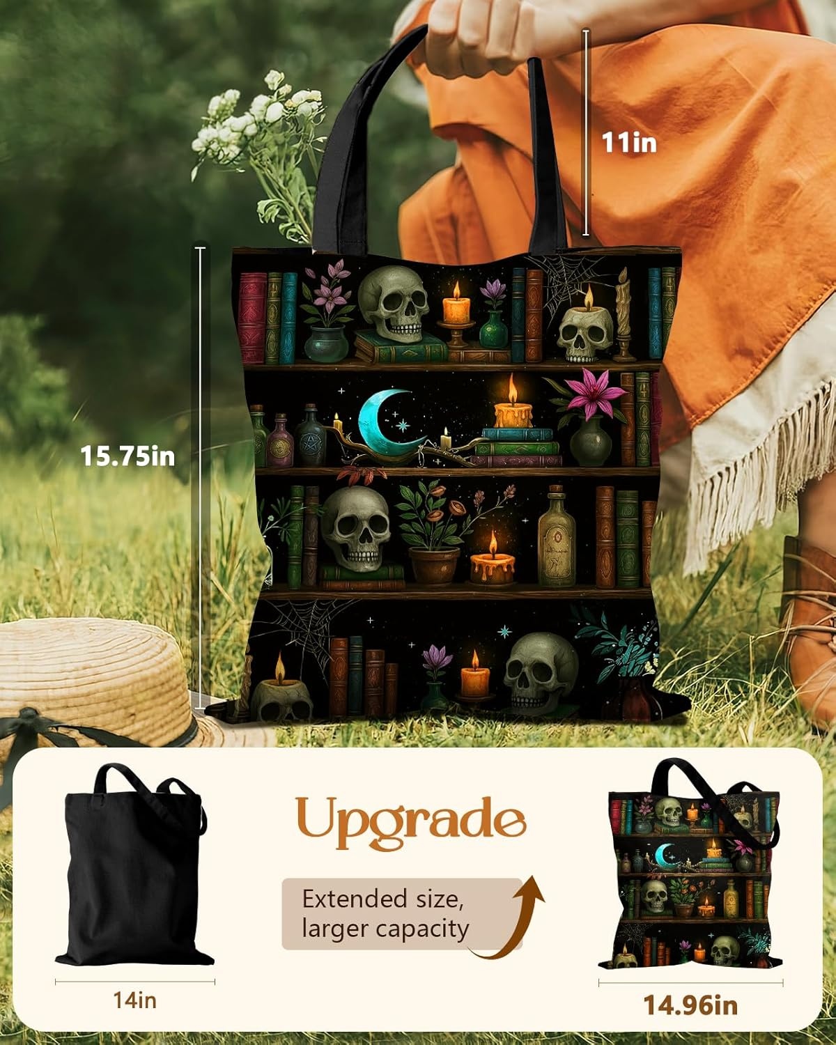 image:imageMiss Adola Cute Canvas Tote Bag for Women with Magnetic Buckle and Zipper Inner Pocket for Girls Aesthetic Cotton Tote BagsSkull Bookshelf