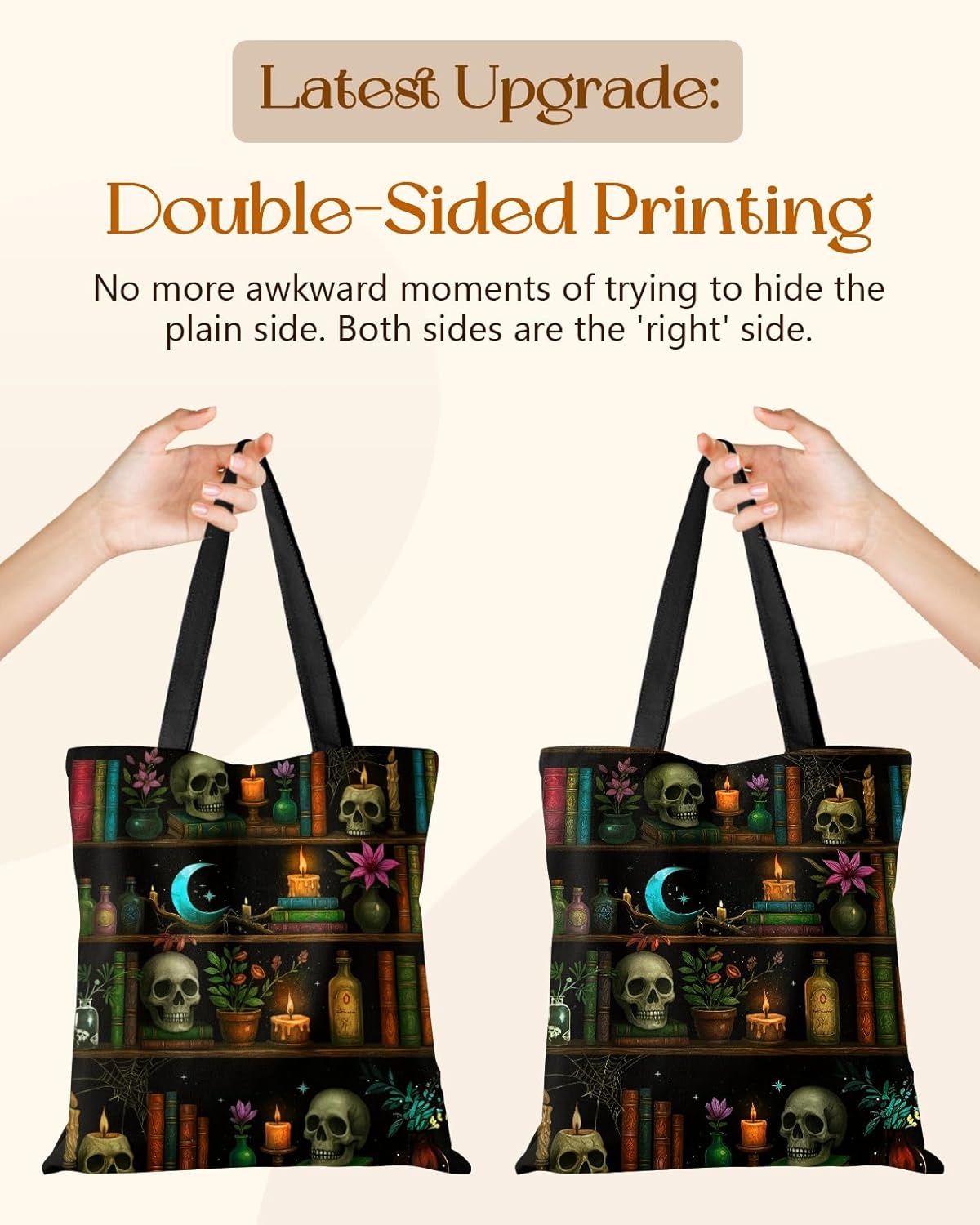 image:imageMiss Adola Cute Canvas Tote Bag for Women with Magnetic Buckle and Zipper Inner Pocket for Girls Aesthetic Cotton Tote BagsSkull Bookshelf