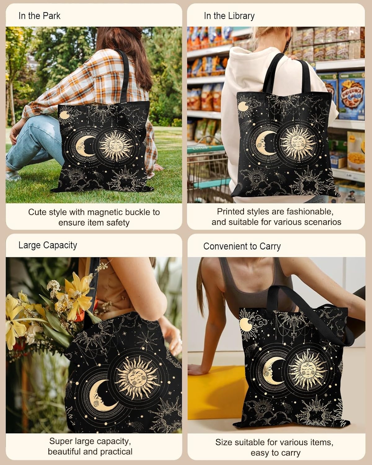 image:imageMiss Adola Cute Canvas Tote Bag for Women with Magnetic Buckle and Zipper Inner Pocket for Girls Aesthetic Cotton Tote BagsStar Moon