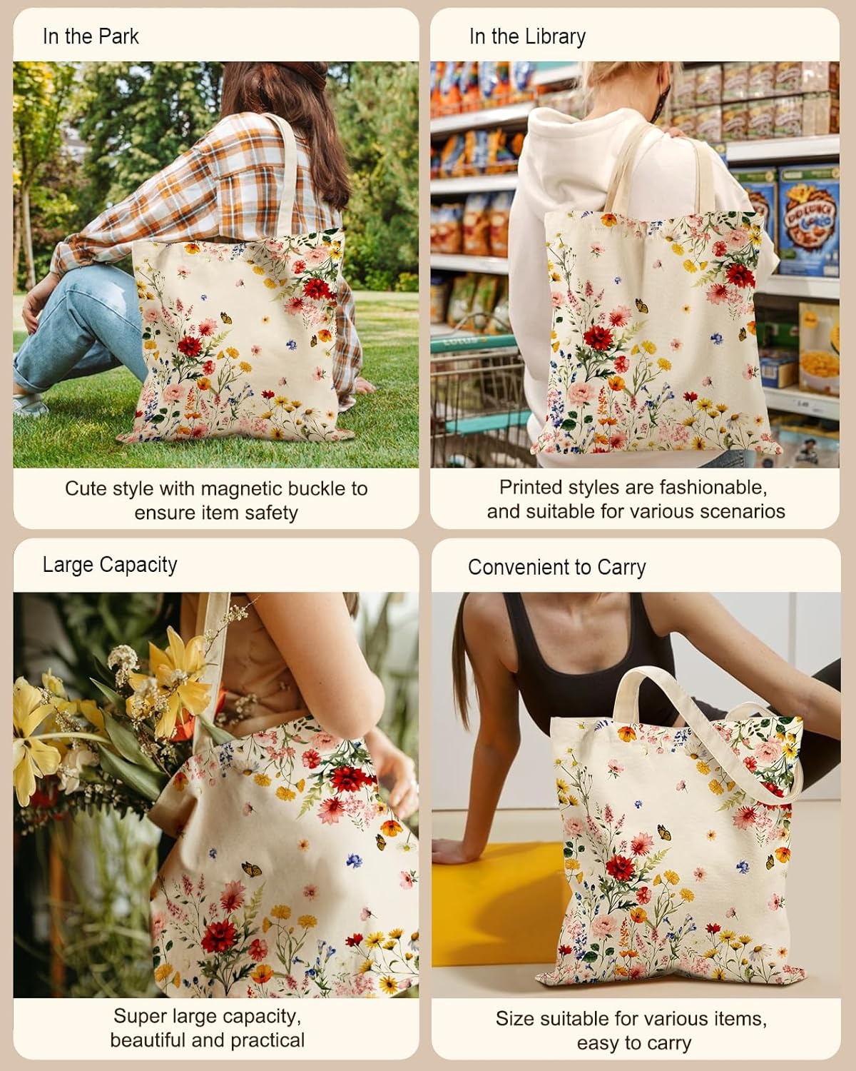 image:imageMiss Adola Cute Canvas Tote Bag for Women with Magnetic Buckle and Zipper Inner Pocket for Girls Aesthetic Cotton Tote BagsVintage Flower