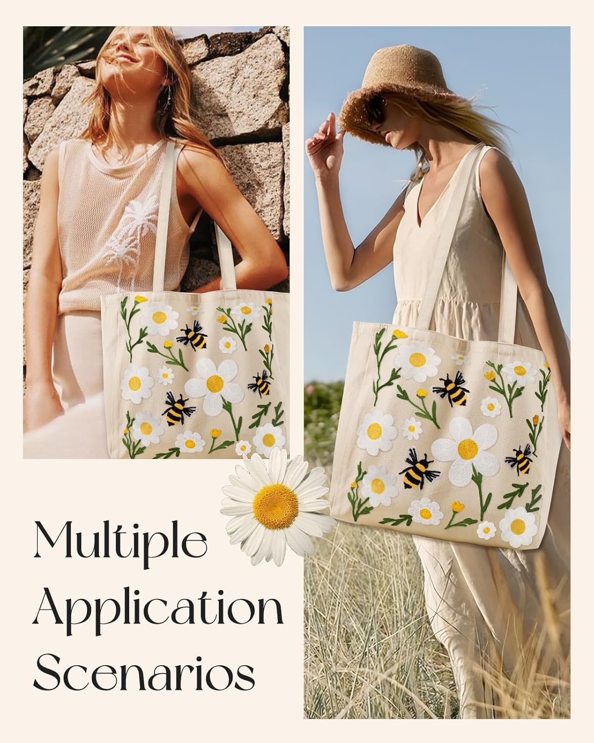 image:imageMiss Adola Embroidery Canvas Tote Bag for Women Reusable Tote with Buckle Aesthetic Cute Shoulder Bag for Shopping GroceryFlower Bee