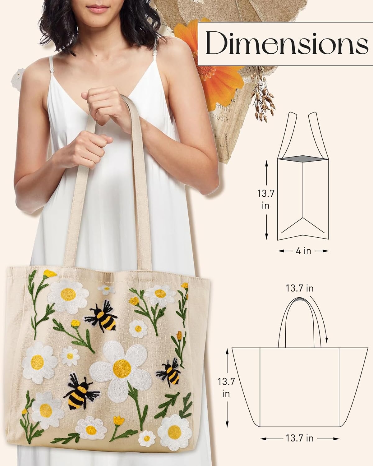 image:imageMiss Adola Embroidery Canvas Tote Bag for Women Reusable Tote with Buckle Aesthetic Cute Shoulder Bag for Shopping GroceryFlower Bee