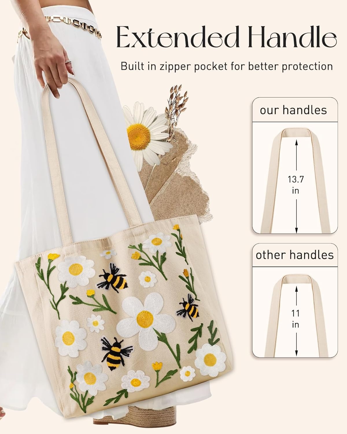 image:imageMiss Adola Embroidery Canvas Tote Bag for Women Reusable Tote with Buckle Aesthetic Cute Shoulder Bag for Shopping GroceryFlower Bee