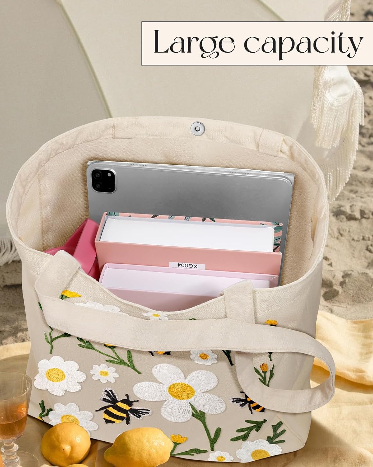 image:imageMiss Adola Embroidery Canvas Tote Bag for Women Reusable Tote with Buckle Aesthetic Cute Shoulder Bag for Shopping GroceryFlower Bee