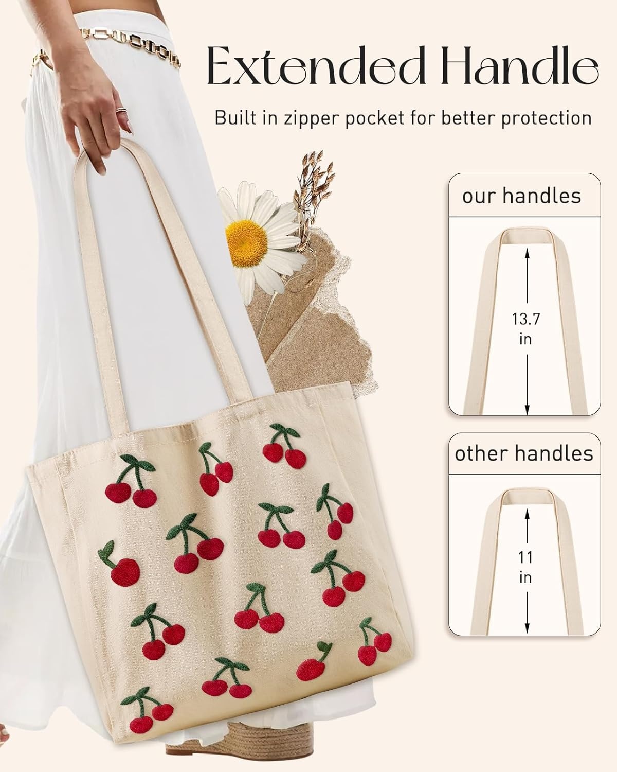 image:imageMiss Adola Embroidery Canvas Tote Bag for Women Reusable Tote with Buckle Aesthetic Cute Shoulder Bag for Shopping GroceryLittle Cherry