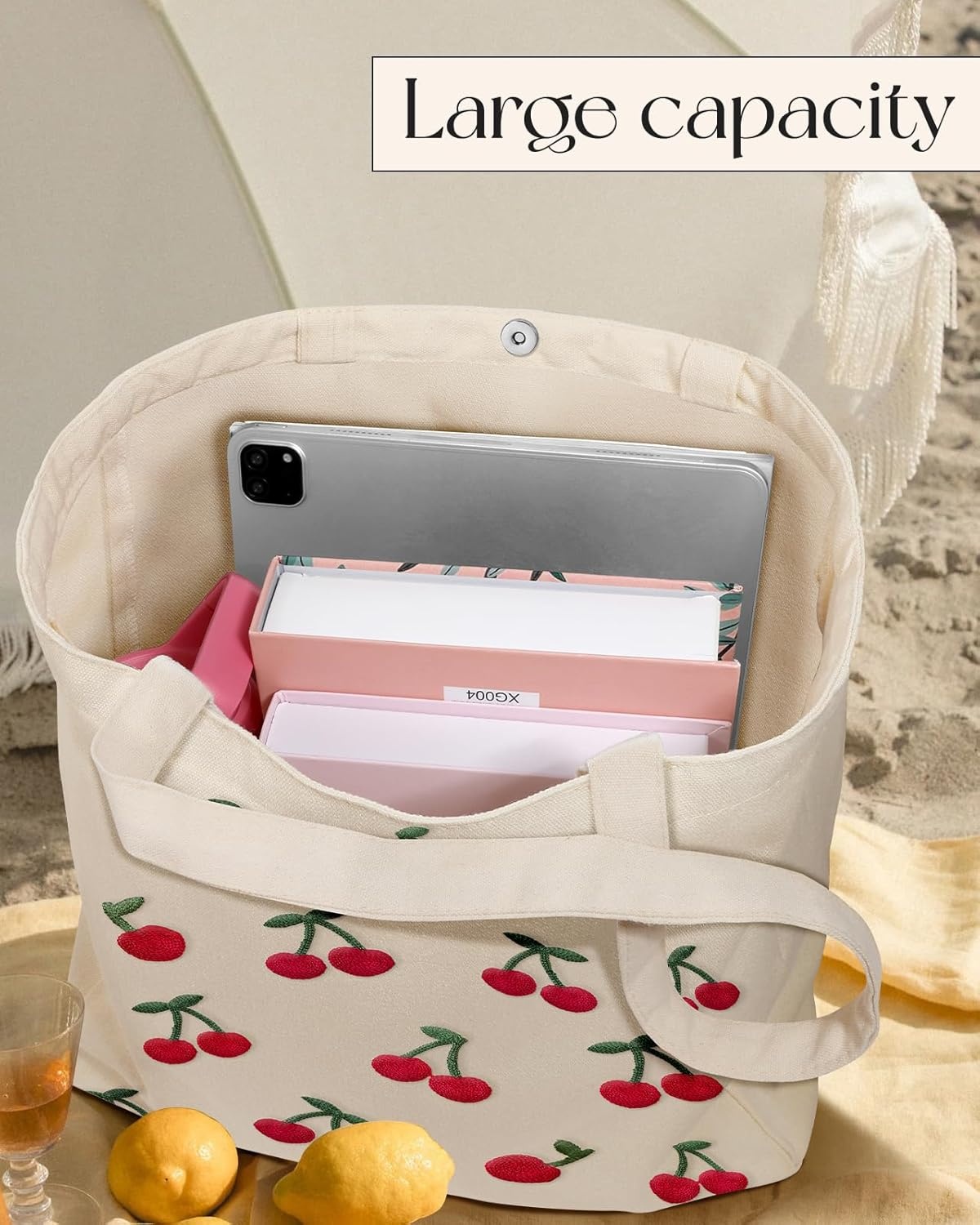 image:imageMiss Adola Embroidery Canvas Tote Bag for Women Reusable Tote with Buckle Aesthetic Cute Shoulder Bag for Shopping GroceryLittle Cherry
