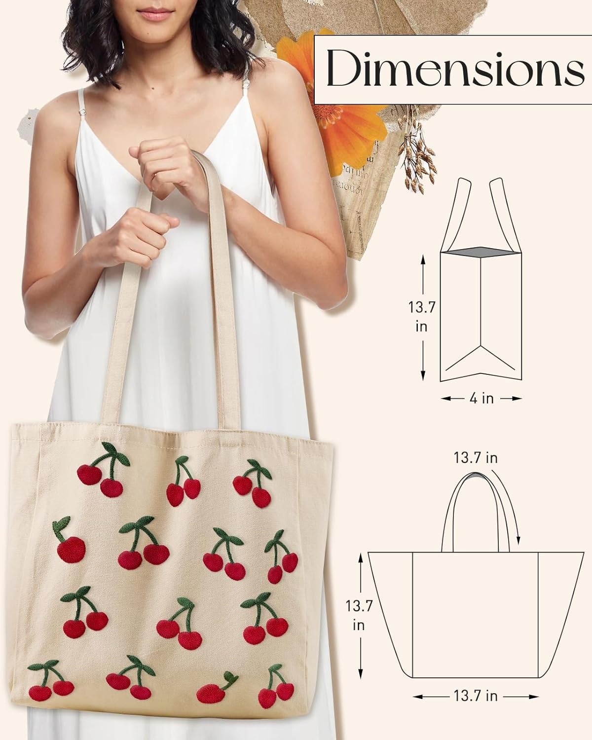 image:imageMiss Adola Embroidery Canvas Tote Bag for Women Reusable Tote with Buckle Aesthetic Cute Shoulder Bag for Shopping GroceryLittle Cherry