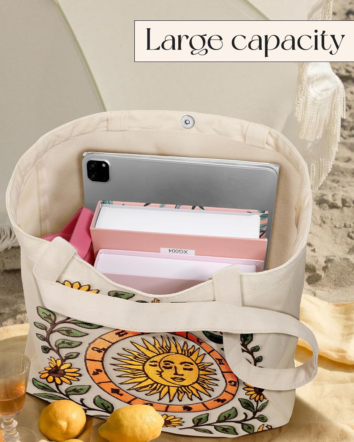 image:imageMiss Adola Embroidery Canvas Tote Bag for Women Reusable Tote with Buckle Aesthetic Cute Shoulder Bag for Shopping GroceryMoon Sunflower