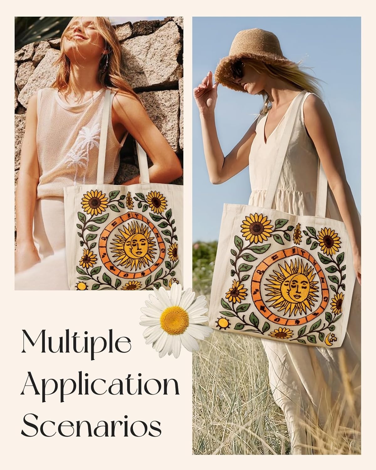 image:imageMiss Adola Embroidery Canvas Tote Bag for Women Reusable Tote with Buckle Aesthetic Cute Shoulder Bag for Shopping GroceryMoon Sunflower