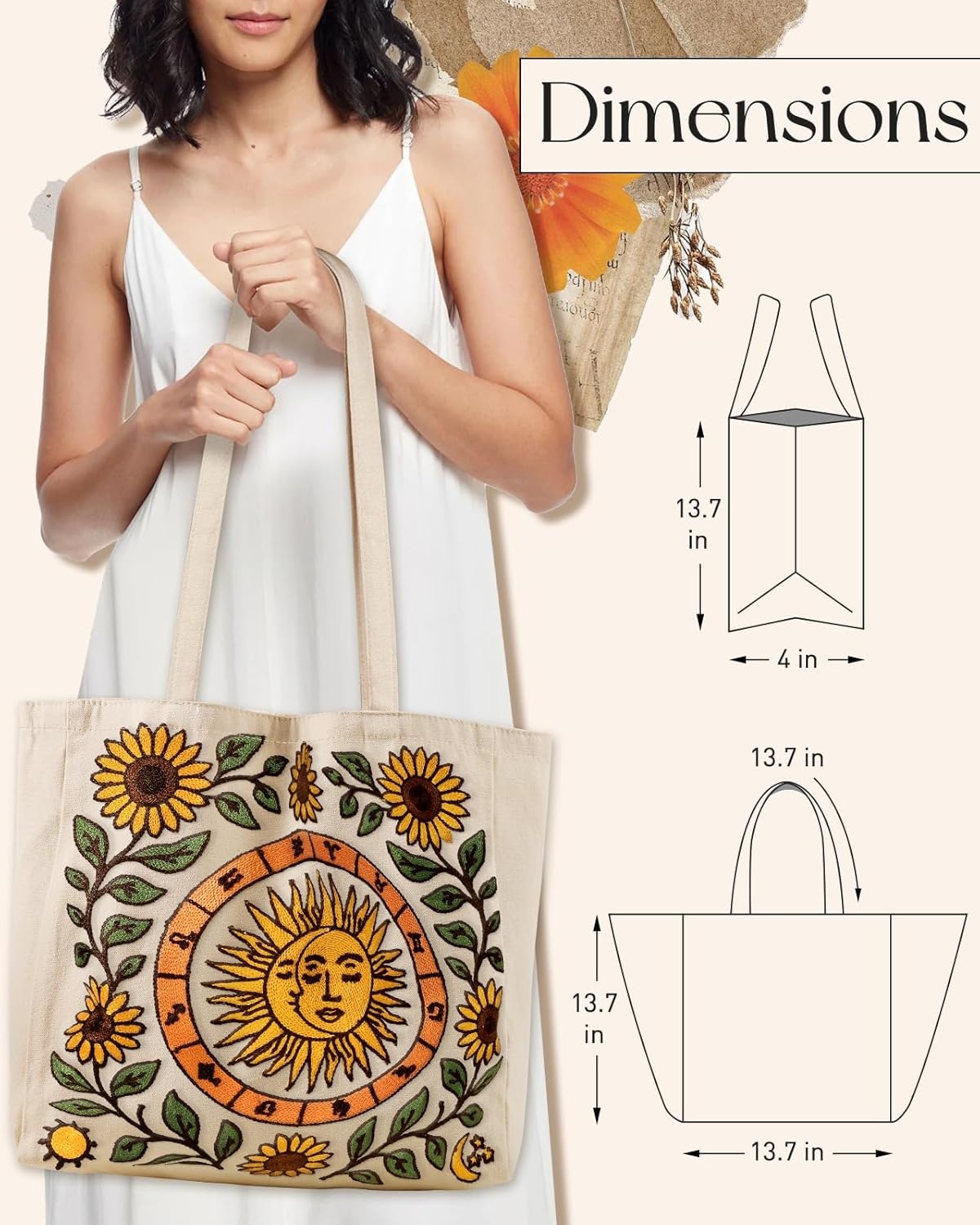 image:imageMiss Adola Embroidery Canvas Tote Bag for Women Reusable Tote with Buckle Aesthetic Cute Shoulder Bag for Shopping GroceryMoon Sunflower