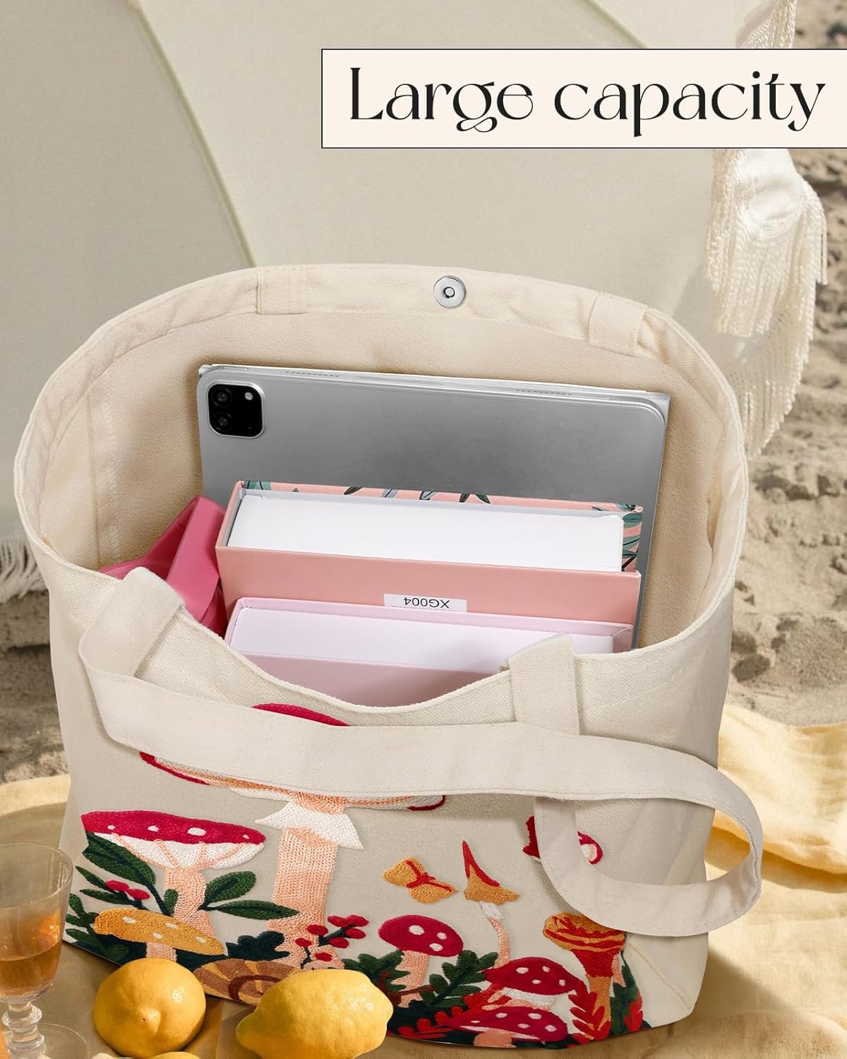 image:imageMiss Adola Embroidery Canvas Tote Bag for Women Reusable Tote with Buckle Aesthetic Cute Shoulder Bag for Shopping GroceryMushroom Moon