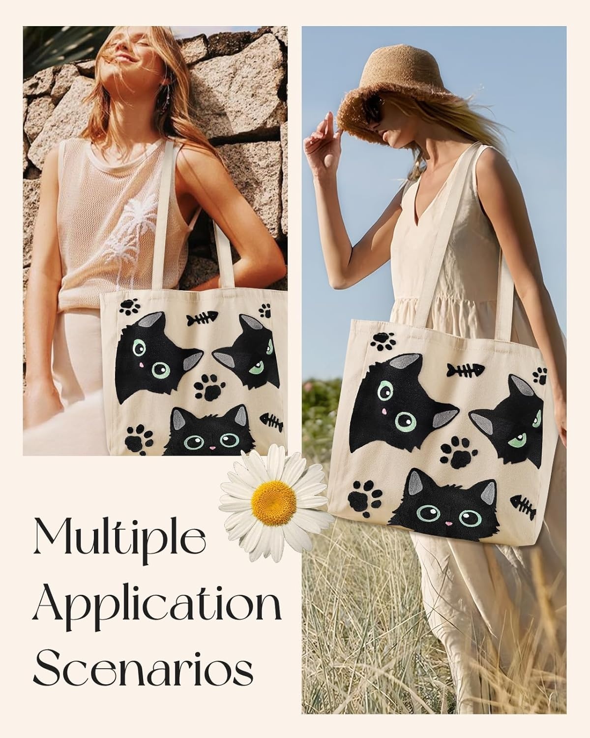 image:imageMiss Adola Embroidery Canvas Tote Bag for Women Reusable Tote with Buckle Aesthetic Cute Shoulder Bag for Shopping GroceryThree Cats