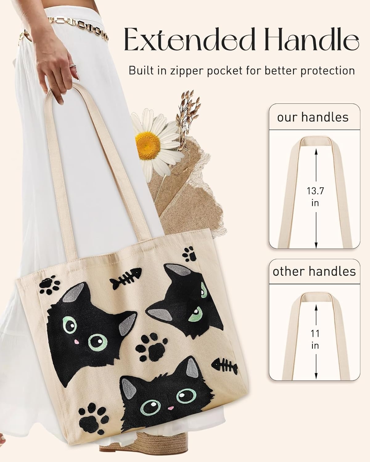image:imageMiss Adola Embroidery Canvas Tote Bag for Women Reusable Tote with Buckle Aesthetic Cute Shoulder Bag for Shopping GroceryThree Cats