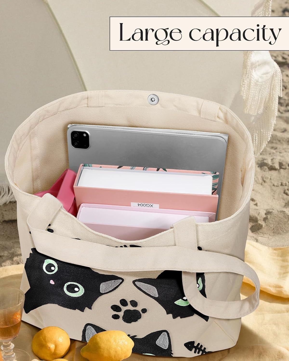 image:imageMiss Adola Embroidery Canvas Tote Bag for Women Reusable Tote with Buckle Aesthetic Cute Shoulder Bag for Shopping GroceryThree Cats