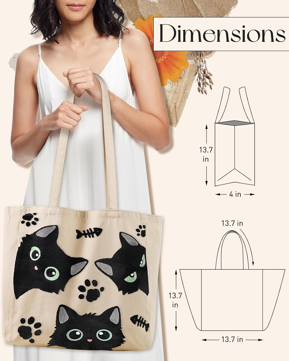 image:imageMiss Adola Embroidery Canvas Tote Bag for Women Reusable Tote with Buckle Aesthetic Cute Shoulder Bag for Shopping GroceryThree Cats