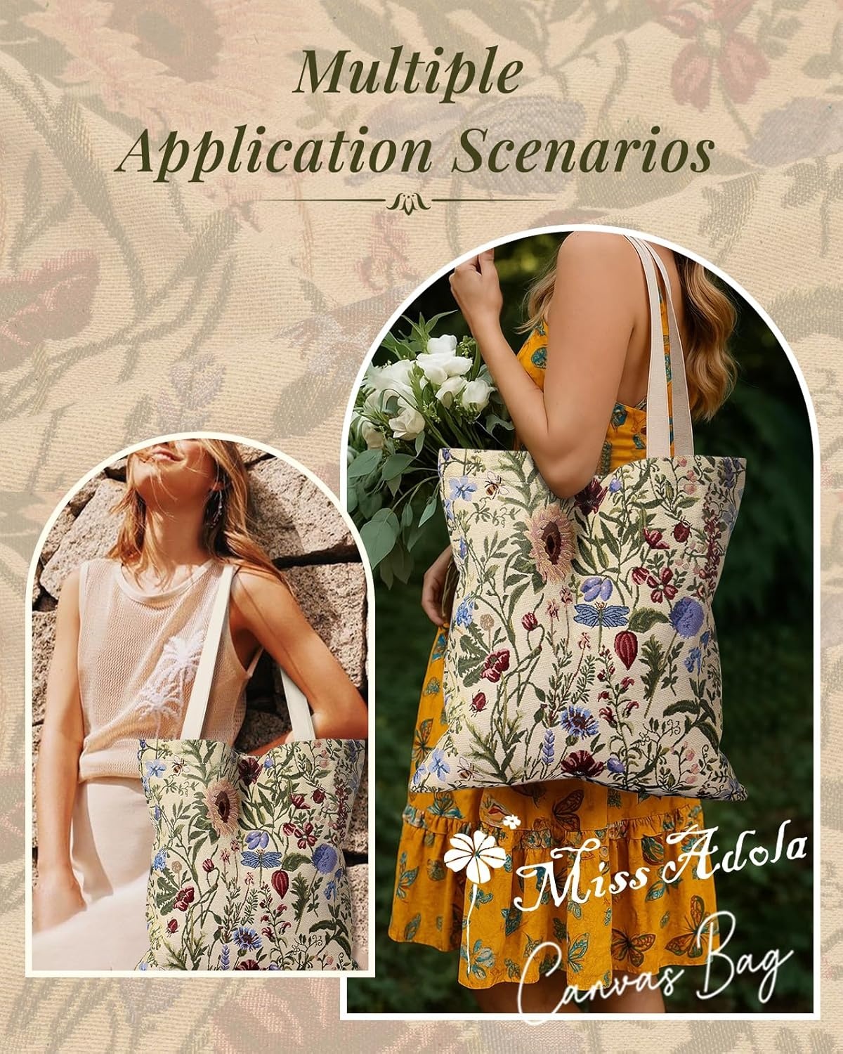 image:imageMiss Adola Embroidery Tote Bag for Women Aesthetic Canvas Bag with Pocket Reusable ToteBag for Work ShoppingFloral