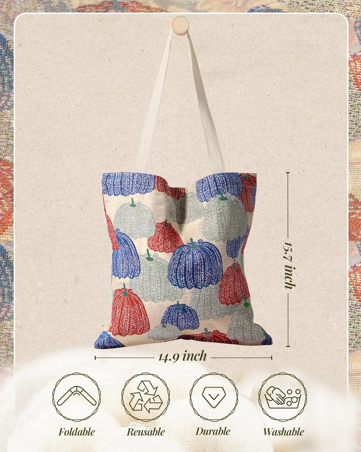 image:imageMiss Adola Embroidery Tote Bag for Women Aesthetic Canvas Bag with Pocket Reusable ToteBag for Work ShoppingPumpkin