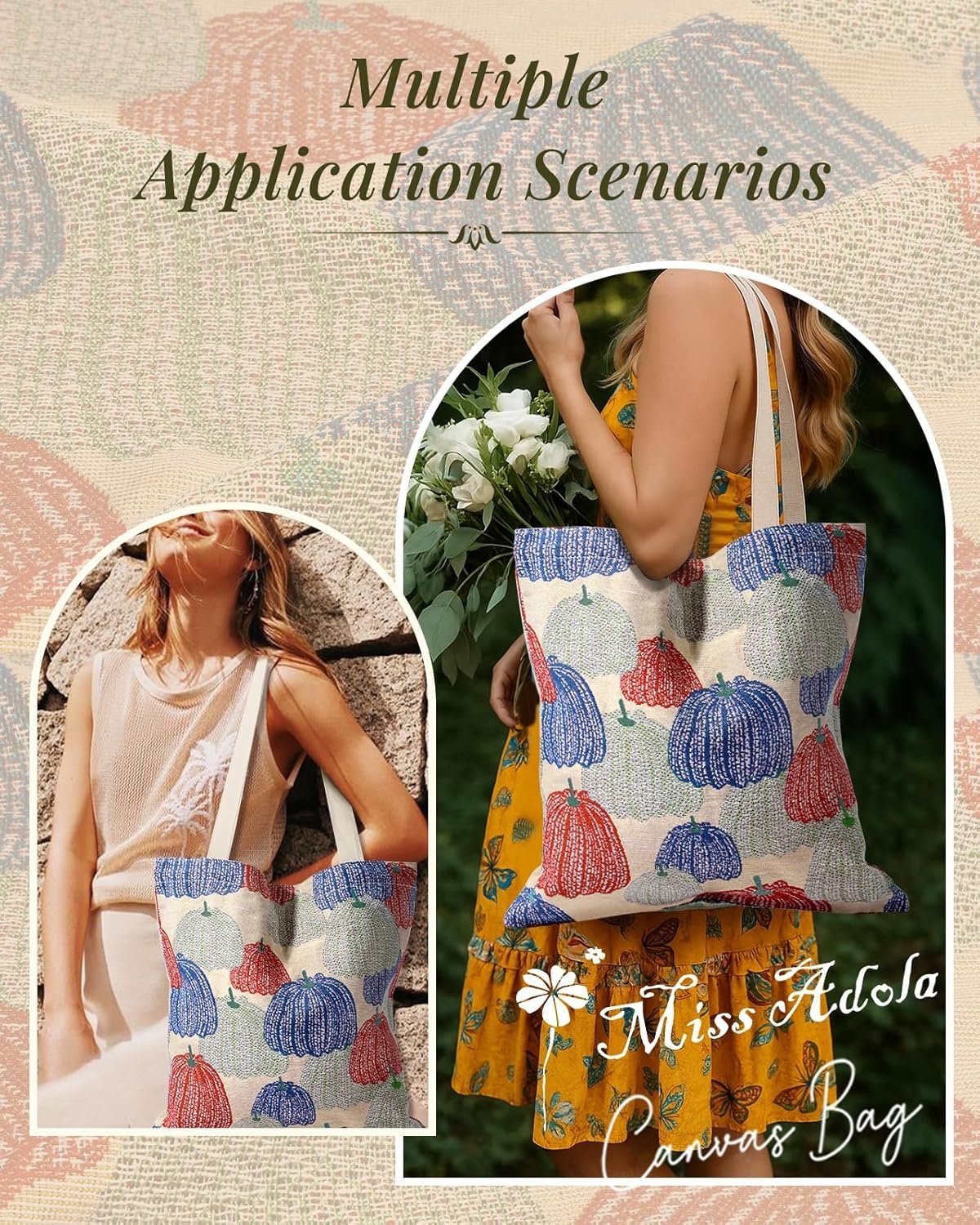 image:imageMiss Adola Embroidery Tote Bag for Women Aesthetic Canvas Bag with Pocket Reusable ToteBag for Work ShoppingPumpkin