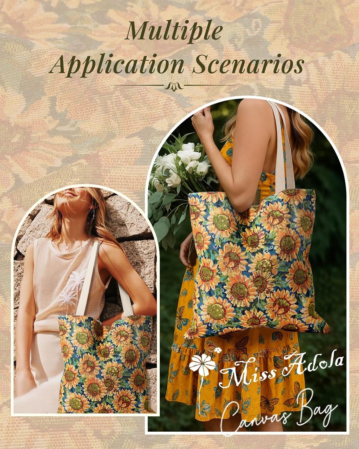 image:imageMiss Adola Embroidery Tote Bag for Women Aesthetic Canvas Bag with Pocket Reusable ToteBag for Work ShoppingSunflower