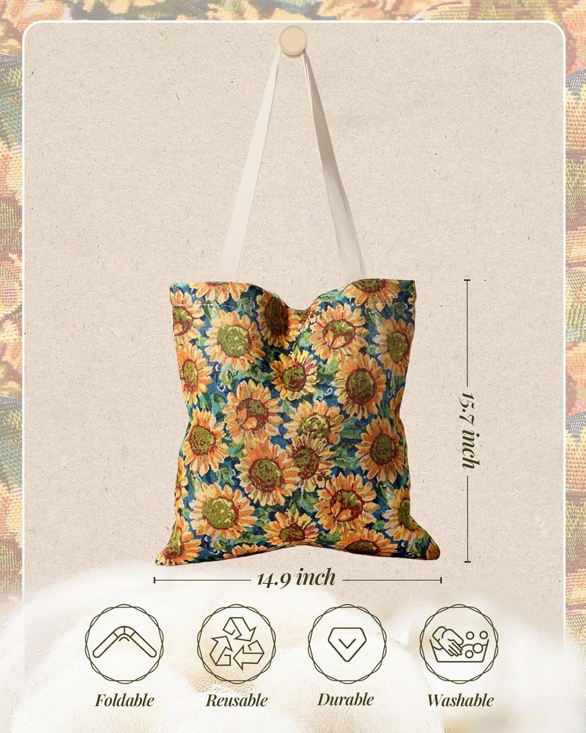 image:imageMiss Adola Embroidery Tote Bag for Women Aesthetic Canvas Bag with Pocket Reusable ToteBag for Work ShoppingSunflower