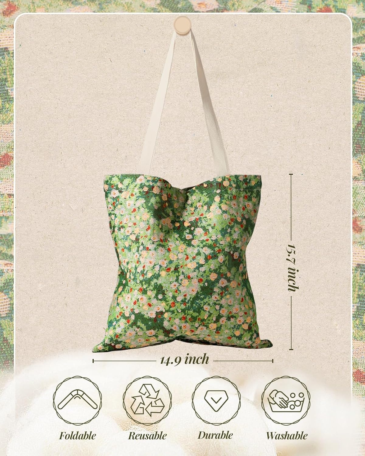 image:imageMiss Adola Embroidery Tote Bag for Women Aesthetic Canvas Bag with Pocket Reusable ToteBag for Work ShoppingWildflower