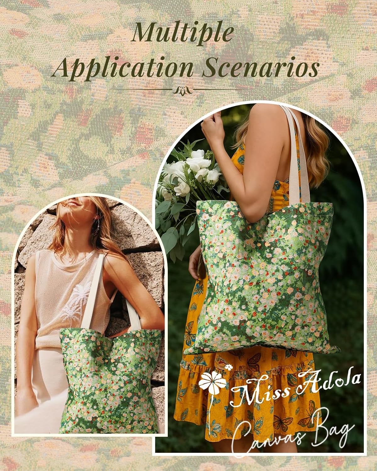 image:imageMiss Adola Embroidery Tote Bag for Women Aesthetic Canvas Bag with Pocket Reusable ToteBag for Work ShoppingWildflower