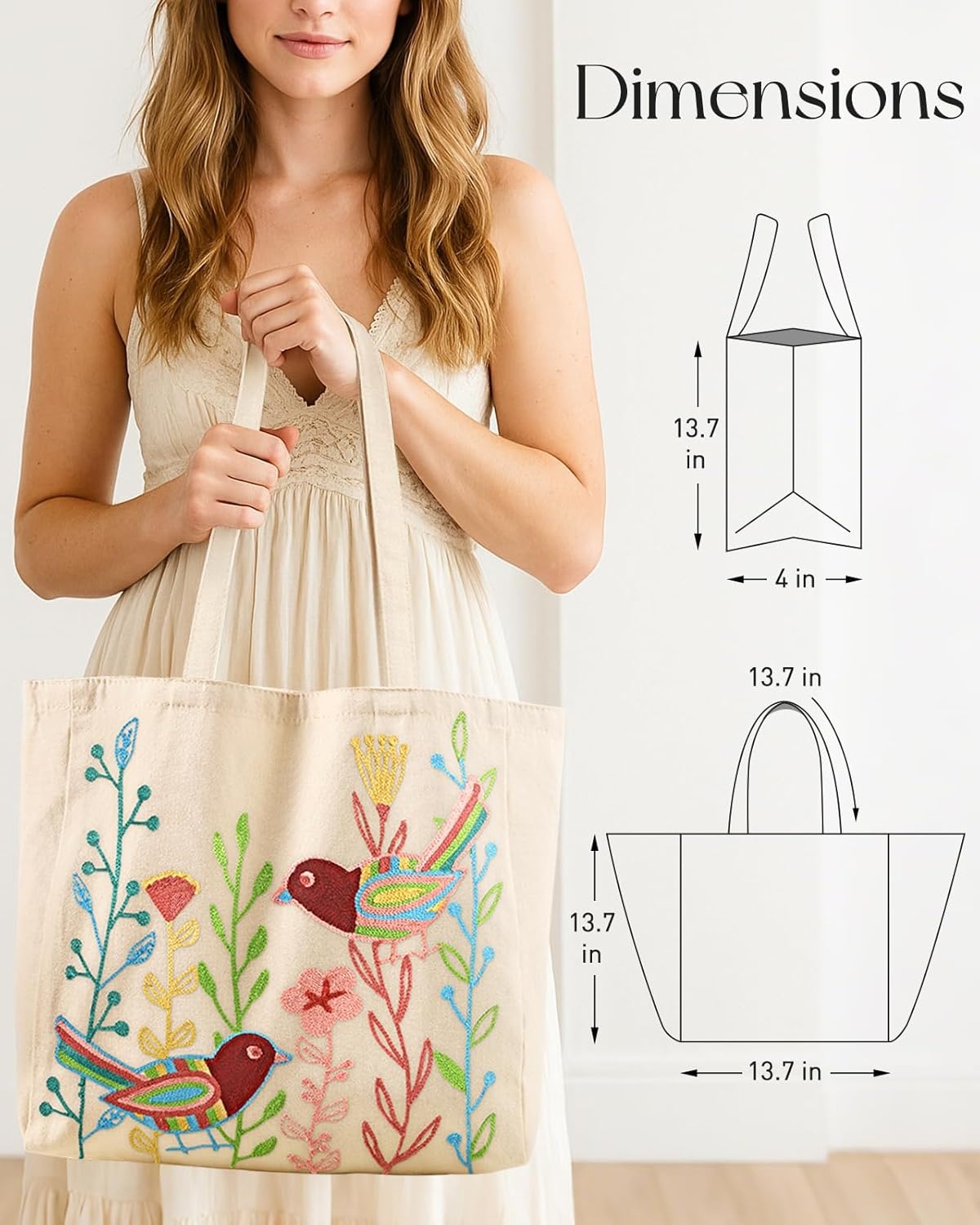 image:imageMiss Adola Embroidery Tote Bag with Pocket amp Buckle Reusable Canvas Tote for Women Cute Aesthetic Work Shopping Grocery BagBird