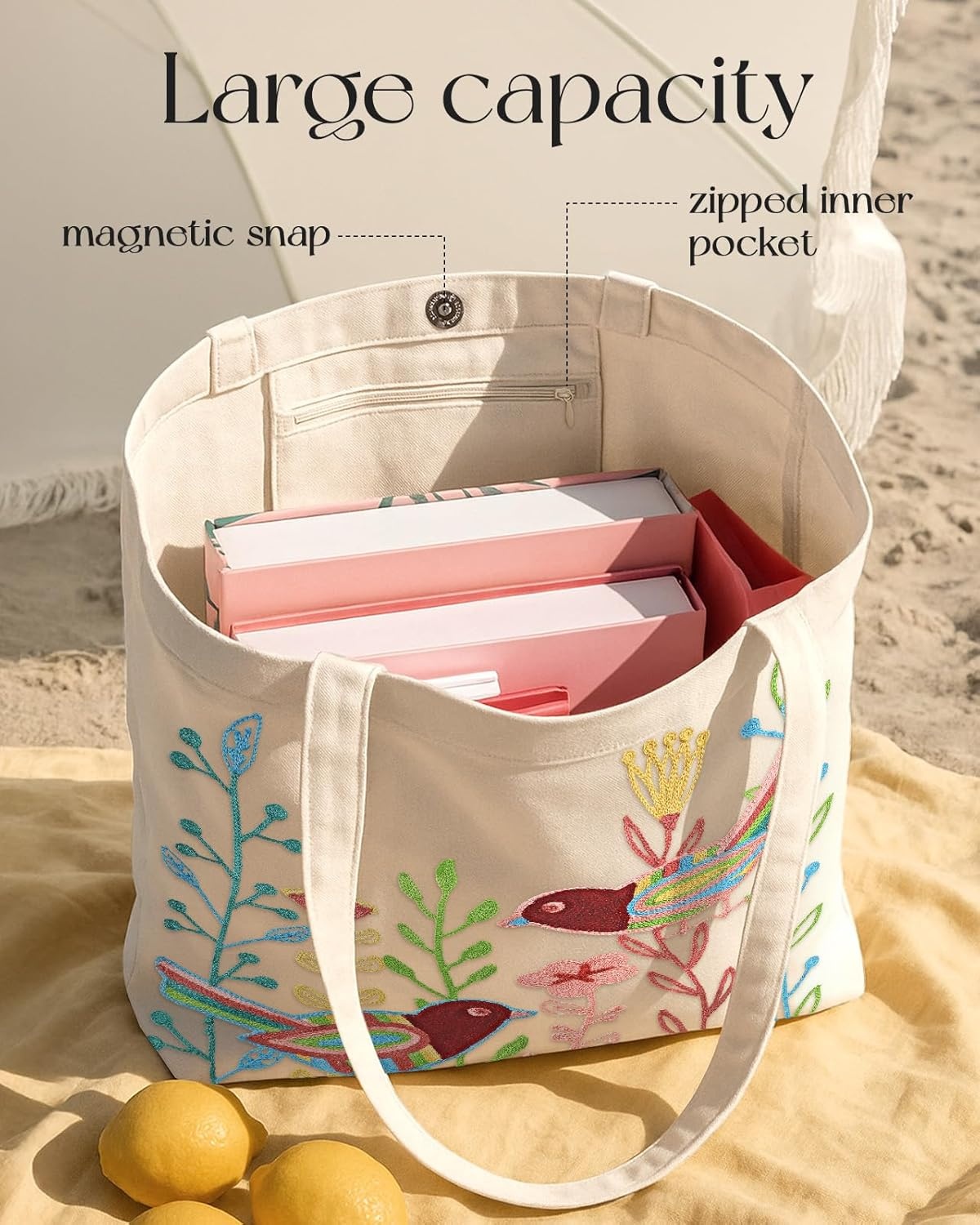 image:imageMiss Adola Embroidery Tote Bag with Pocket amp Buckle Reusable Canvas Tote for Women Cute Aesthetic Work Shopping Grocery BagBird