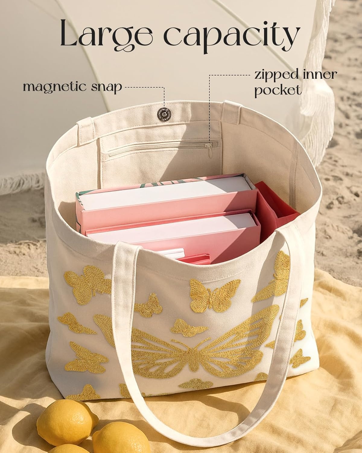 image:imageMiss Adola Embroidery Tote Bag with Pocket amp Buckle Reusable Canvas Tote for Women Cute Aesthetic Work Shopping Grocery BagButterfly