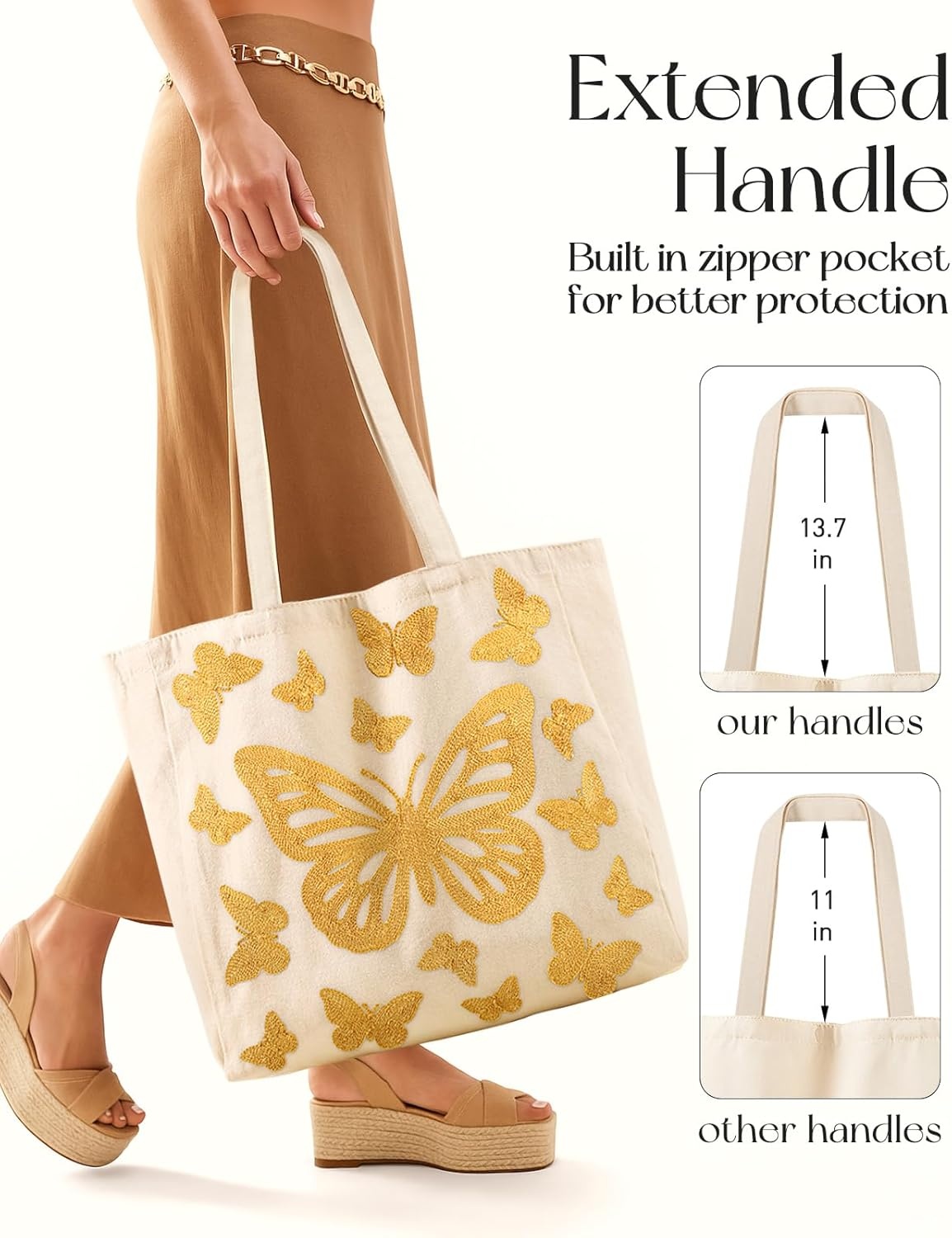 image:imageMiss Adola Embroidery Tote Bag with Pocket amp Buckle Reusable Canvas Tote for Women Cute Aesthetic Work Shopping Grocery BagButterfly